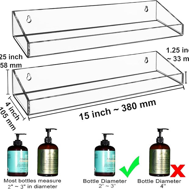 AMT 2 Pack Acrylic Floating Shelves, 15" L x 4" W, Clear Bathroom Wall Shelf, Bookshelves, Invisible Display for Office, Bedroom, Small Gap Allows Water to Escape, Free Screws & Drill Bit (Large)
