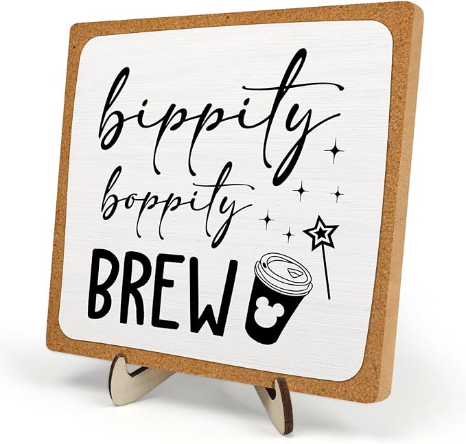 Coffee Bar Sign Plaque Decor,Bippity Boppity Brew Desk Decor for Kitchen,Coffee Bar Accessorie,Cute Wooden Tabletop Plaque, Rustic Farmhouse Shelf Sign for Home or Office Decoration 5.9x5.9Inch(White)