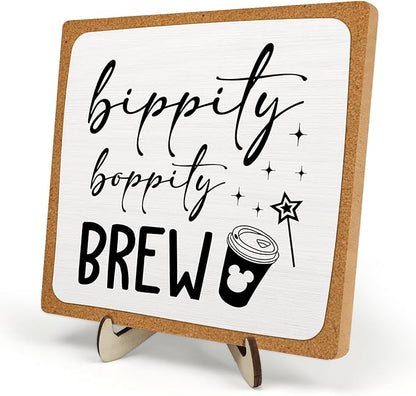 Coffee Bar Sign Plaque Decor,Bippity Boppity Brew Desk Decor for Kitchen,Coffee Bar Accessorie,Cute Wooden Tabletop Plaque, Rustic Farmhouse Shelf Sign for Home or Office Decoration 5.9x5.9Inch(White)