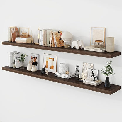 72 Inch Floating Shelves, 9.3" Deep Floating Shelf Wall Mounted, 72" Wall Shelves, Rustic Deep Bookshelf, Large Display Shelves & Storage Shelves for Bedroom, Living Room, Walnut, Set of 2