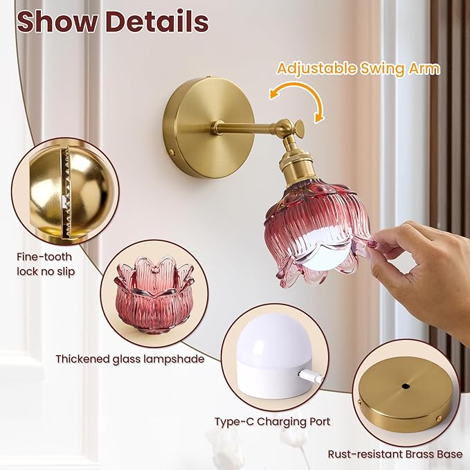 Vintage Battery Operated Wall Sconce - Set of 2 Rose Red Flower Glass Cordless Mounted Lighting - 5000mAh Rechargeable Dimmable Wireless Powered Light Sconces with Remote Control for Bedroom Bedside