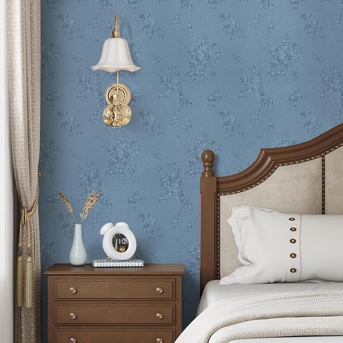 Blue Peel and Stick Wallpaper Floral Textured Wallpaper 17.7inch x 393.7inch Floral Embossed Contact Paper Grey Blue Self Adhesive Decorative Wall Paper Removable Cabinets Shelf Liner Vinyl