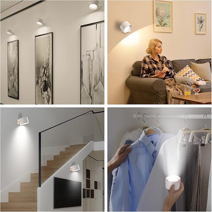 Battery Operated Wall Light, LED Lamp with 360° Adjustable Lighting Indoor 3 Color Modes Brightness Levels Touch Control, Mounted for Bedroom Reading Bedside - 1 Pack White