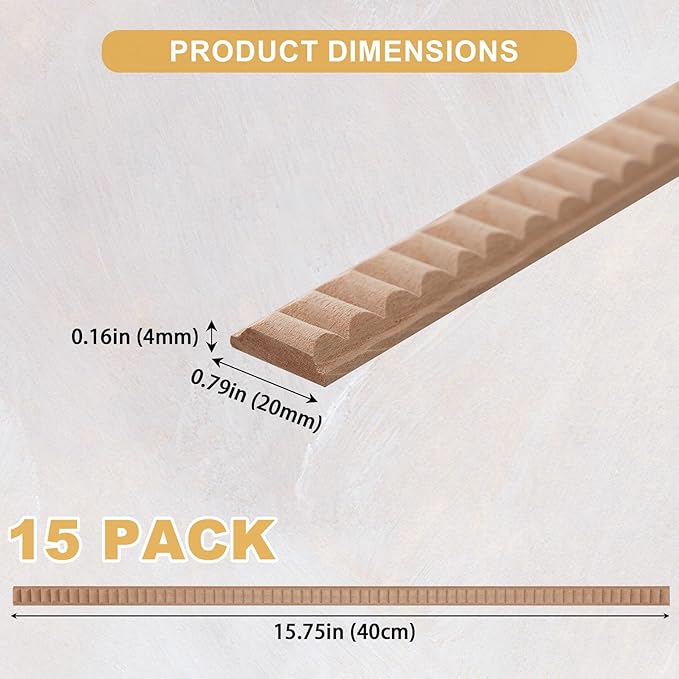 15-Pack 15.75" Unfinished Wood Reeded Trim - Easy to Paint, Cute Decorative Molding DIY Craft for Furniture Frame, Mirror Edge, Wall, Door, Closet, Dresser, Shelf