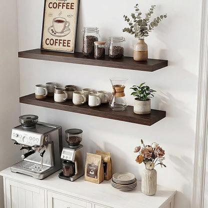 INHABIT UNION 31.5in Floating Shelves for Wall, Wall Mounted Shelves for Decor Storage Set of 2, Floating Shelf for Bedroom, Bathroom, Living Room and Kitchen（Dark Walnut）