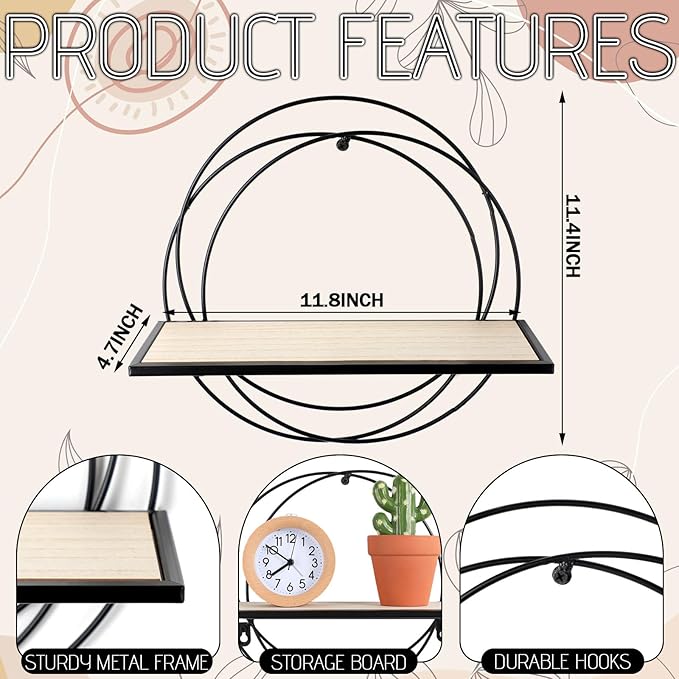 3 Pcs Floating Shelves Wall Mounted Hanging Shelf with Metal Wire and Wood, Foldable Round Shelf Wall Decor for Storage Bedroom Bathroom Living Room Kitchen Office Home Decoration (Black)