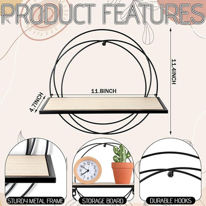 3 Pcs Floating Shelves Wall Mounted Hanging Shelf with Metal Wire and Wood, Foldable Round Shelf Wall Decor for Storage Bedroom Bathroom Living Room Kitchen Office Home Decoration (Black)