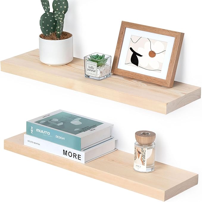 Marsmiles Natural Wood Floating Shelves | 24 Inch Unfinished Wood Wall Shelves Set of 2 | 24