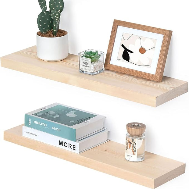 Marsmiles Natural Wood Floating Shelves | 24 Inch Unfinished Wood Wall Shelves Set of 2 | 24" W x 6.7" D Rustic Wooden Shelves for Bathroom Kitchen Living Room Bedroom