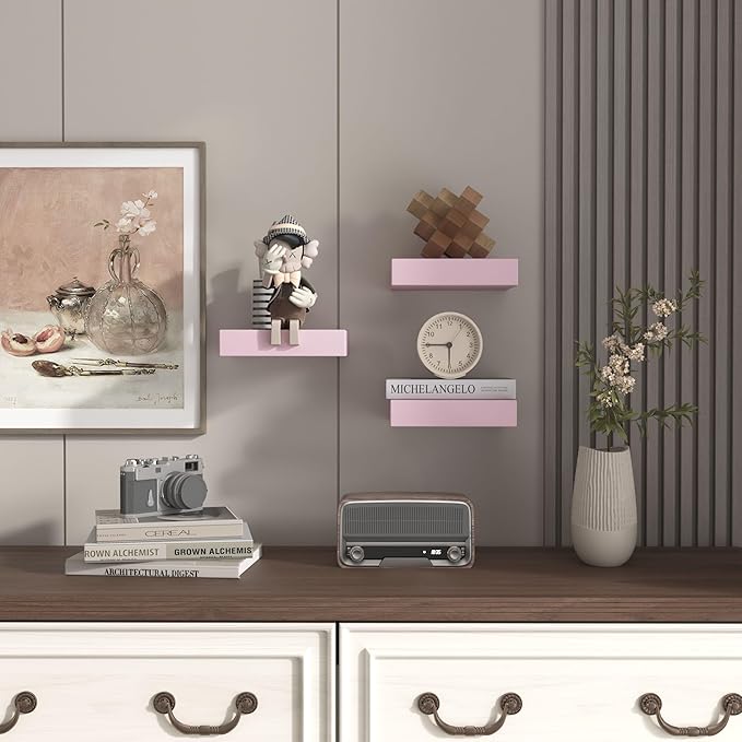 Small Pink Floating Shelves for Wall - 6 Inch Mini Square Shelves for Bedroom, Living Room, Bathroom, Kitchen, Office Decor Set of 3