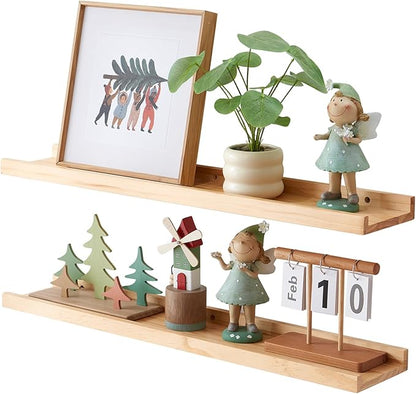 Wood Floating Shelves Set of 2 Pine Wood Wall Shelf 32 inches, Floating Shelf for Wall Mounted - Upgrade Width 5.85", Floating Display Shelves for Living Room Bedroom Kitchen Bathroom, Natural
