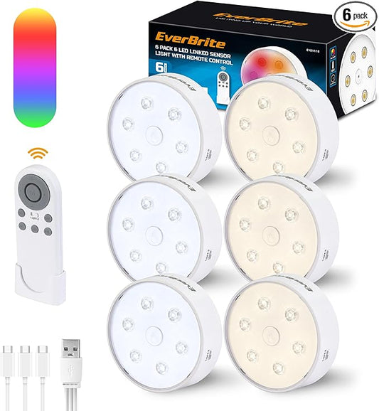 EverBrite Puck Lights With Remote, Rechargeable 2000mAh Linked Sensor Under Cabinet, Two Group Control, 10 RGB Colors, Dimmable for Kitchen, Bedroom Closet (6-Pack)