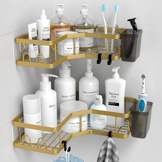 Corner Shower Caddy Organizer Shelf: 2Pack Adhesive Shower Rack, No Drilling Stainless Steel Shower Storage Shelves for Bathroom Kitchen (Gold)