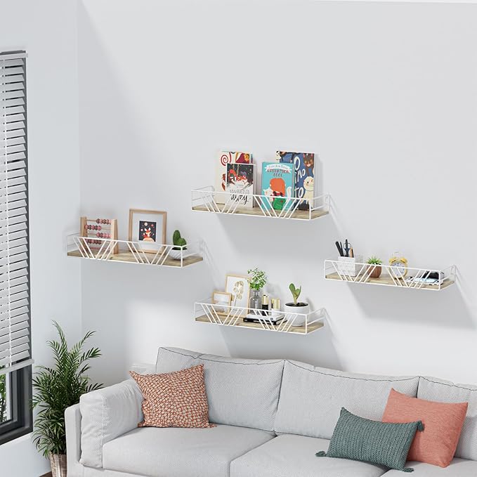 Floating Shelves for Wall Set of 4, Different Sizes Mounted Wood Floating Shelf, Wall Shelves for Living Room, Bedroom, Bathroom, Kitchen, Farmhouse Decor, Office