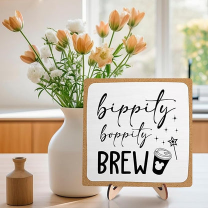 Coffee Bar Sign Plaque Decor,Bippity Boppity Brew Desk Decor for Kitchen,Coffee Bar Accessorie,Cute Wooden Tabletop Plaque, Rustic Farmhouse Shelf Sign for Home or Office Decoration 5.9x5.9Inch(White)