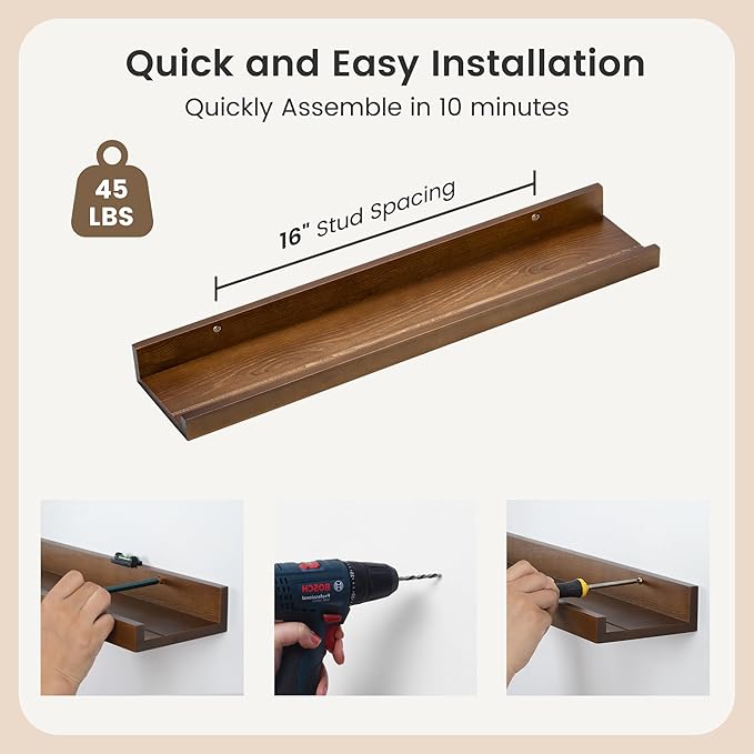 Picture Ledge Shelf for Wall, 24 inch Solid Ash Wood Nursery Book Shelves 2 Packs, Floating Shelves for Kids' Room Bedroom Bathroom Living Room Photo Frames Office Nursey Wall Decor, Walnut