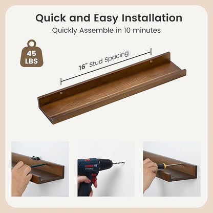 Picture Ledge Shelf for Wall, 24 inch Solid Ash Wood Nursery Book Shelves 2 Packs, Floating Shelves for Kids' Room Bedroom Bathroom Living Room Photo Frames Office Nursey Wall Decor, Walnut