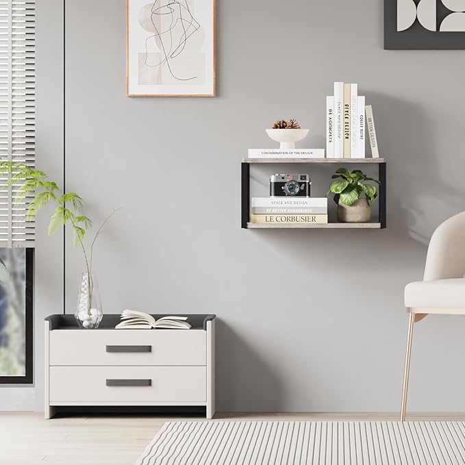 Floating Nightstand Wall Shelf, Wood Bedside Shelf Wall Mounted Nightstand Set of 2, Floating Bedside Table for Bedroom, Living Room, Bathroom, Kitchen, Office(Vintage Gray)