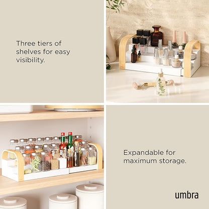 Umbra Bellwood Three-Tier Spice Shelf, Expandable Design Made of Durable Plastic and Wood, Natural/White