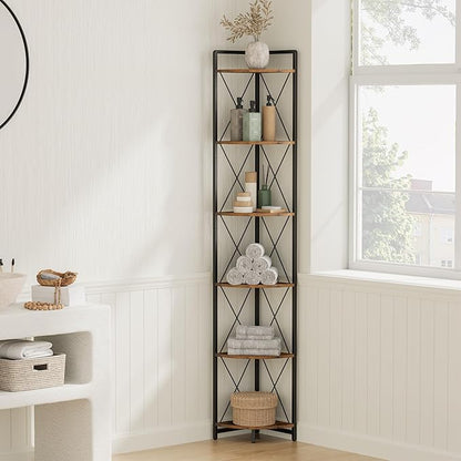 6 Tier Corner Shelf Stand, 78" H Tall Industrial Corner Bookshelf for Living Room Decor, Metal Corner Shelf, Plant Stand Display Shelf for Bedroom, Bathroom, Small Space, Rustic Brown