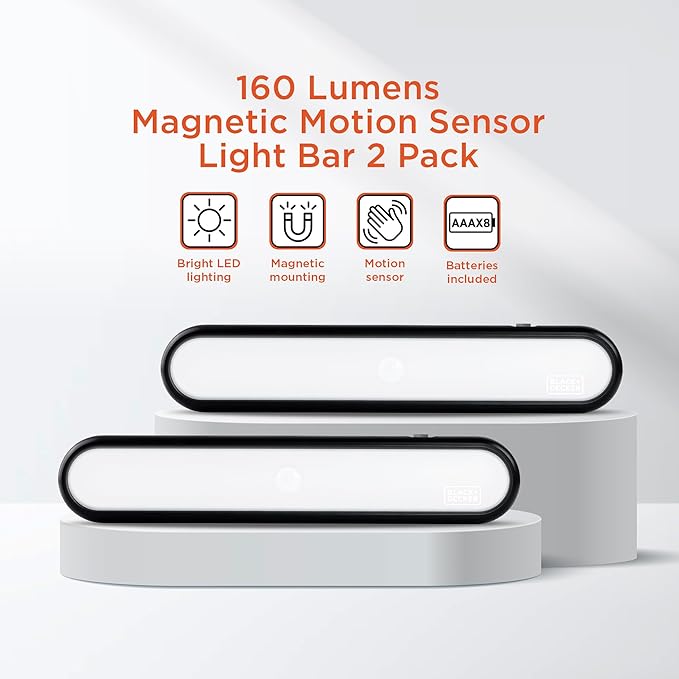 BLACK+DECKER 2-Pack 160LM LED Light Bars, Touchless Motion Sensor, Magnetic Mount, Powered with AAA Batteries, Slim and Portable Design to Brighten Indoor Rooms, Closets, Garages, Shelving (2-Pack)