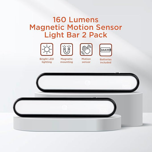 BLACK+DECKER 2-Pack 160LM LED Light Bars, Touchless Motion Sensor, Magnetic Mount, Powered with AAA Batteries, Slim and Portable Design to Brighten Indoor Rooms, Closets, Garages, Shelving (2-Pack)