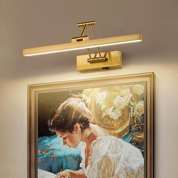 Rechargeable Lights for Pictures on wall Battery Operated Brass 15.7 Inch Wall Lights with Swing Arm and Timer Function Cordless Art Light with Remote Timer for Paintings,Gallery