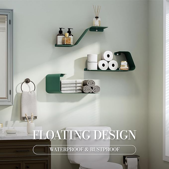 Floating Shelves, Wall Shelf, Set of 3 Mounted Metal Shelves with Unique Design for Wall Storage, Book Shelf, Display Shelves for Bathroom Bedroom Kitchen Living Room for Home Green