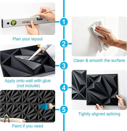Art3d 33-Pack 3D Wall Panel for Interior Wall Décor, Diamond Textured PVC Accent Wall Paneling for Living Room Bedroom Office TV Wall Background, 11.8"x11.8" Cover 32.Sq.Ft., Black