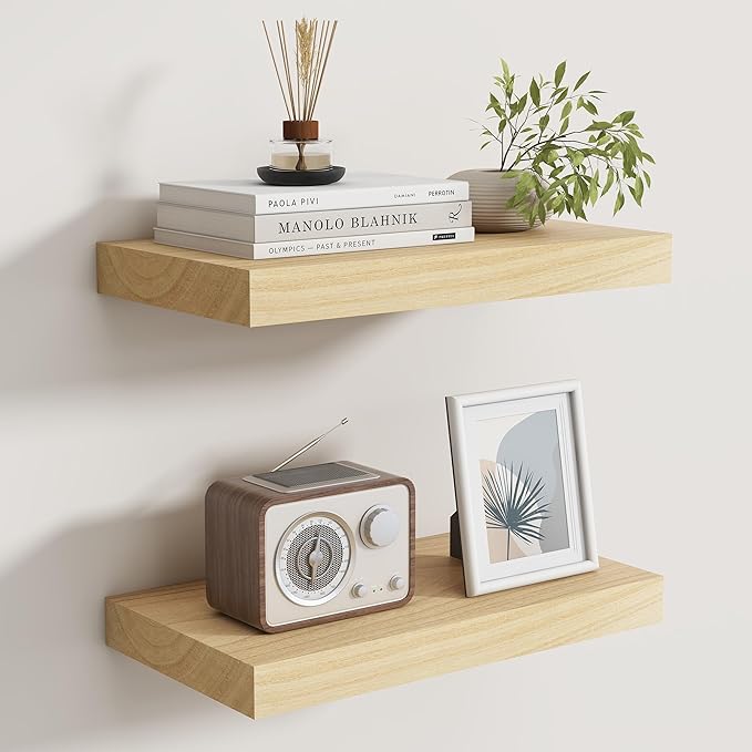 Floating Shelves for Wall, Real Wood Floating Shelf Set of 2, 8 Inch Deep Floating Shelves, Rustic Wood Wall Shelf for Home Decor, Deep Storage Shelves for Bathroom, Kitchen, 16