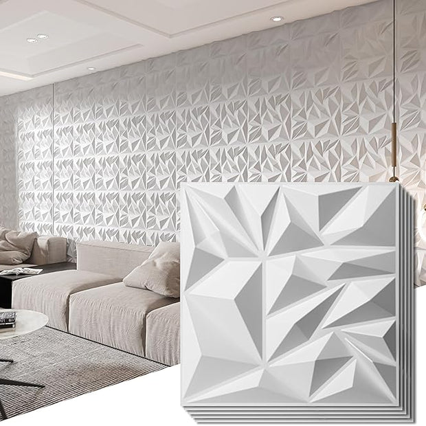 Art3d 33-Pack 3D Wall Panels for Interior Wall Decor, Modern Diamond Textured Accent Wall Paneling for Gaming Living Room TV Wall Background, 12 x 12 inch White, A10342