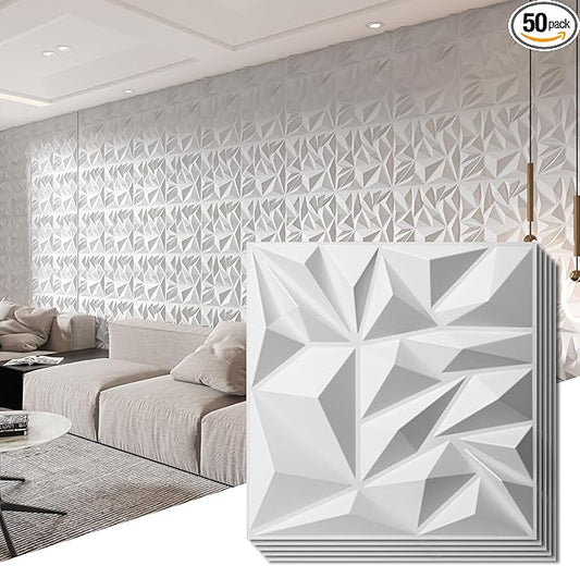 Art3d 50-Pack 3D Wall Panels for Interior Wall Decor, Modern Diamond Textured Accent Wall Paneling for Gaming Living Room TV Wall Background, 12 x 12 inch White