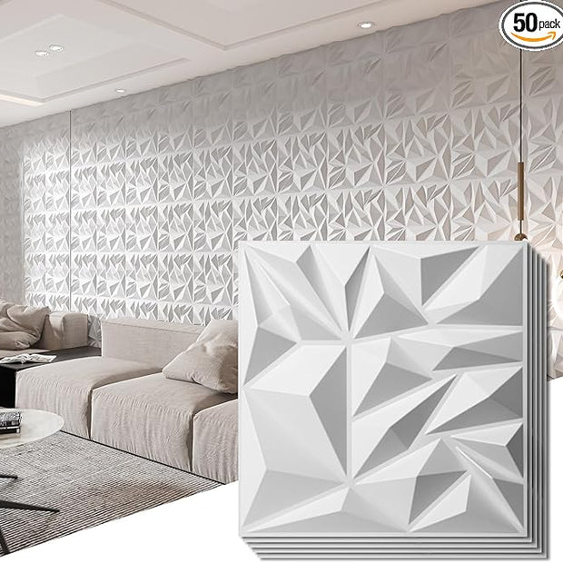 Art3d 50-Pack 3D Wall Panels for Interior Wall Decor, Modern Diamond Textured Accent Wall Paneling for Gaming Living Room TV Wall Background, 12 x 12 inch White