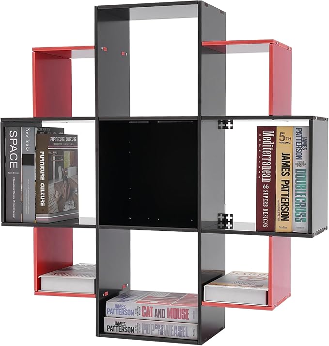 Wall Bookcase 3-Tiers 9 Compartment Floating Shelf Unique Bookshelf Decorative Wall Shelf Bookcase Storage Shelves for Bedroom Hold Up to 66.1 lbs (Black, Red)
