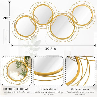 Golden Circle Mirror Set, 4 PCS Wall Metal Framed Round Mirror Modern Glass Decorative Mirrors 20x40 Inch for Living Room Bedroom Bathroom Entryway Home Decor