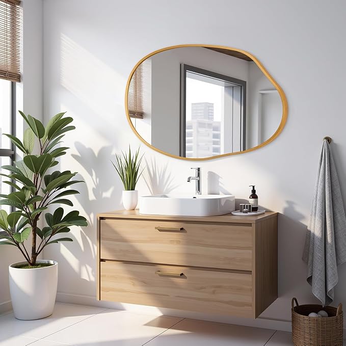 Gold Irregular Metal Framed Bathroom Mirror for Wall, Large 26