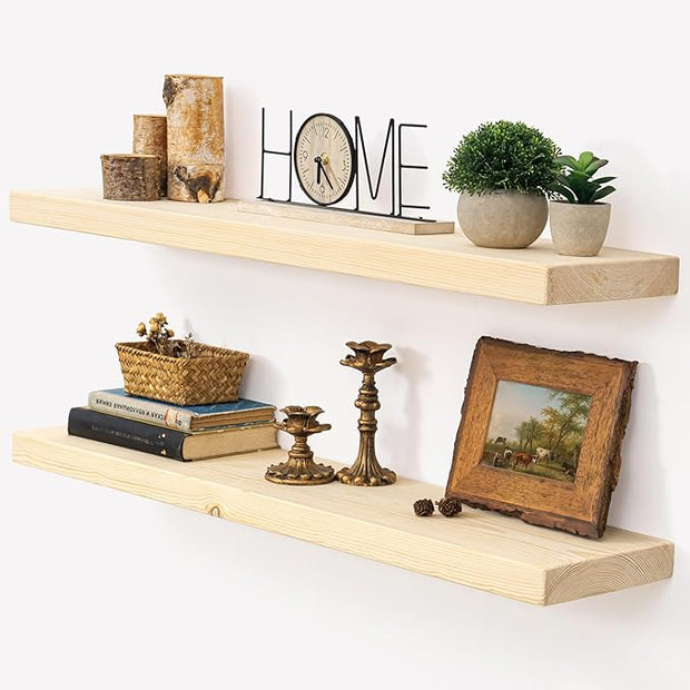 Marsmiles 36 Inch Floating Shelves | Unfinished Natural Wood Floating Shelves Set of 2 | 36" W x 7.7" D x 1.6" H Natural Wooden Wall Shelves for Living Room Bathroom Kitchen