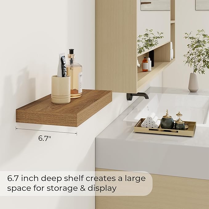 Dreamland 16 Inches Floating Shelves for Wall,6.7 Inch Deep Floating Shelves Set of 2, Large Display & Storage Shelf, Wall Shelf for Bathroom Bedroom Living Room Kitchen Office,Walnut
