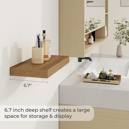 Dreamland 16 Inches Floating Shelves for Wall,6.7 Inch Deep Floating Shelves Set of 2, Large Display & Storage Shelf, Wall Shelf for Bathroom Bedroom Living Room Kitchen Office,Walnut