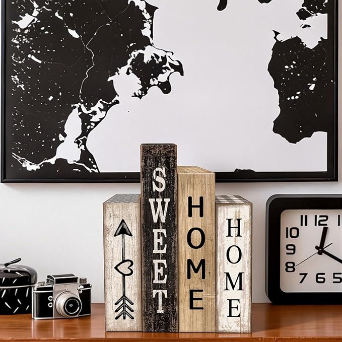 4 Pcs Farmhouse Table Decor Wooden Books Home Sweet Home Tiered Tray Decor Rustic Wood Block Sign Housewarming Gifts Neutral Centerpiece Farmhouse Stacked Decoration for Shelf Mantle