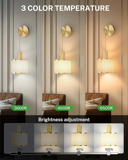 Battery Operated Wall Sconce Set of 2, Wireless Rechargeable Wall Lights with Remote Control, 9 Colors Dimmable LED Lamps, Modern Cordless Sconces for Bedroom Living Room Hallway(Gold)