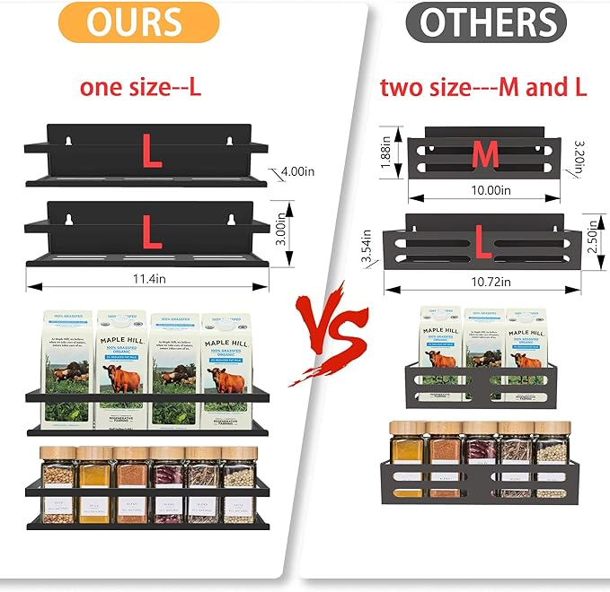 Magnetic Spice Rack for Refrigerator Seasoning Organizer for Spice Fridge Shelf storage Magnetic Shelf with Hook for Oven (4pack-Cut out-Black)