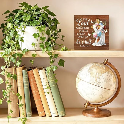 The Lord Will Fight for You Need Only To Be Still Wood Block Plaque Box Sign for Home Living Room Coffee House Bar Shelf Table Decoration, Exodus 14:14 Bible Verse Decor Gifts for Friends