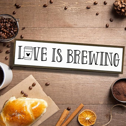 Coffee Decor Sign, Love Signs for Home Kitchen Decor, Coffee Station Decors for Wall, Cafe Decoration, Rustic Wooden Hanging Signs, Love is Brewing Sign, 17.8x4x1.2 inches