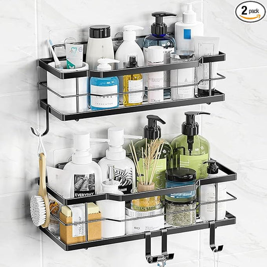 Moforoco Extra Large Shower Caddy Shelf Organizer Rack, Self Adhesive Black Bathroom Shelves Basket, Home Farmhouse Wall Inside Organization Storage Decor Accessories