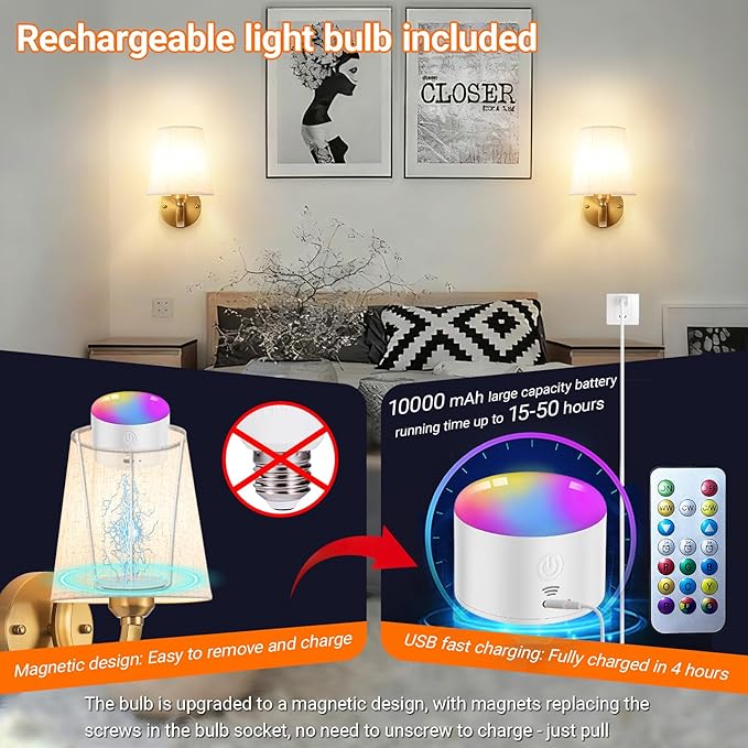 Peel and Stick Wall Sconces, No Drilling Stick On Wall Sconce, Wireless Battery Operated Wall Lights, Adhesive Wall Lamp with 10000mAh Battery Bulb for Bedroom Living Room Decor