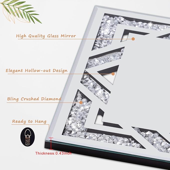 2 Piece Square Hollow Crushed Diamond Decorative Mirror, Silver Crushed Diamond Mirror Decor Wall for Living Room Bedroom Bathroom (12”x12”)