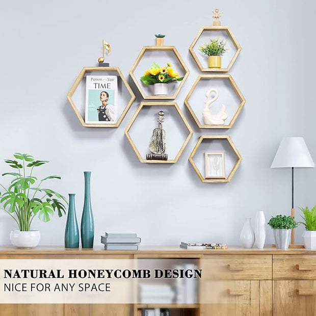 NOVIMANGO Hexagonal Floating Shelves Wall Mounted Set of 6 Wooden Hexagon Shelves Farmhouse Storage Honeycomb Shelves Hexagon Hanging Shelves Rustic Geometric Shelf for Nursery Bedroom Living Room