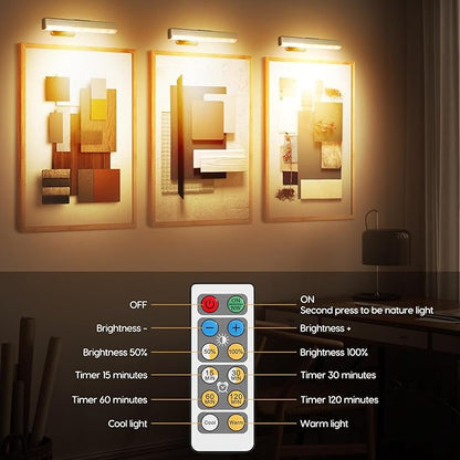 6pcs Battery Operated Picture Light with 3 Lighting Color,Painting Light for Wall with Remote,Led for Art Indoor Poster Brightness Dimmable, Timer-Off Display Accent Light for Frame Gallery-Black