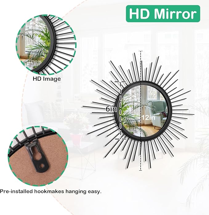 Sunburst Wall mirror Black Small Spoked Wall Decor Mirror Bohemian Home Round Modern Metal Wall Art Mirror for Living room Hallway Bedroom Bathroom Balcony Farmhouse Entrance 12